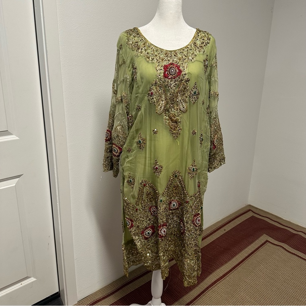 Lime Green and Red Three-Piece Salwar Kameez Heavy Stonework Outfit Size Large - Picture 3 of 12